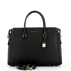 Michael Kors - Mercer Belted Large Satchel - Pebbled Leather - Black & Gold-tone